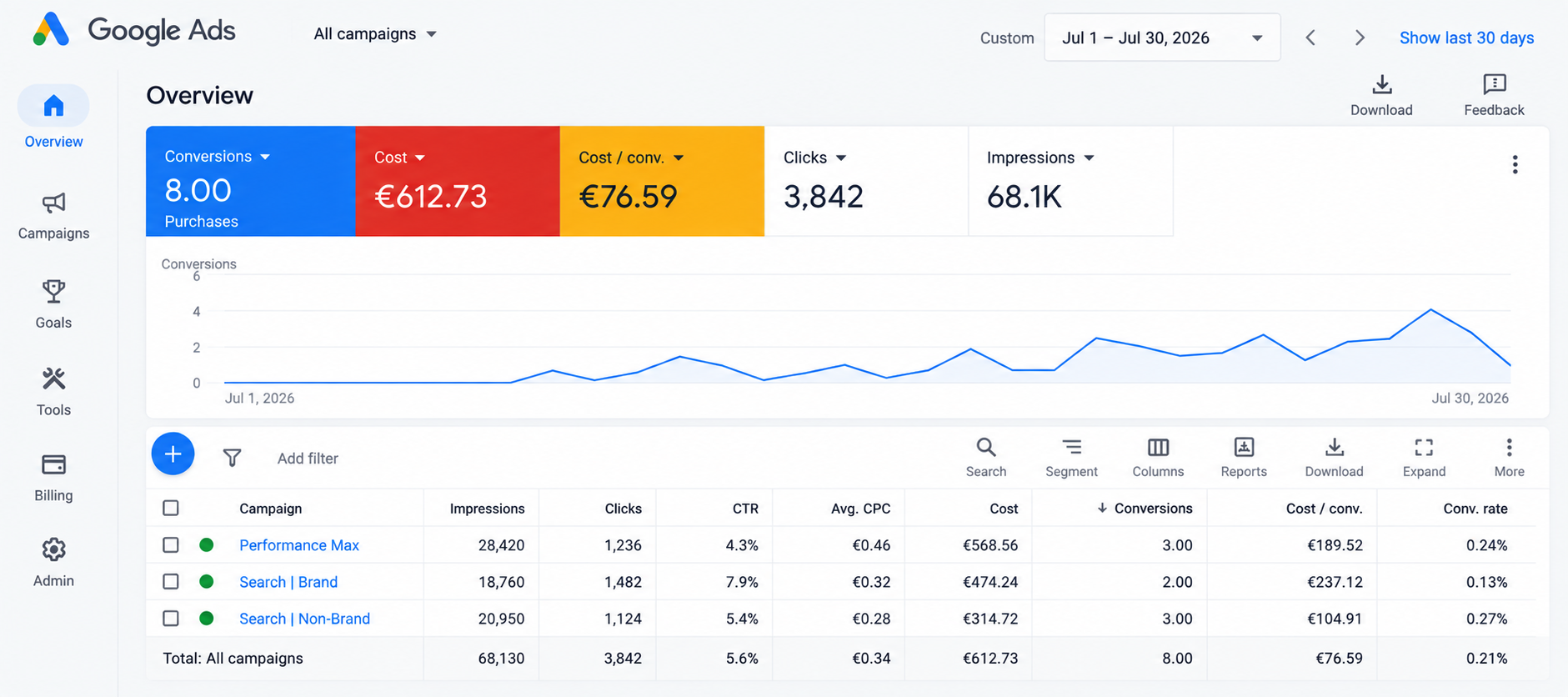 Google Ads Kontoübersicht mit Conversions, Kosten und Kampagnendaten